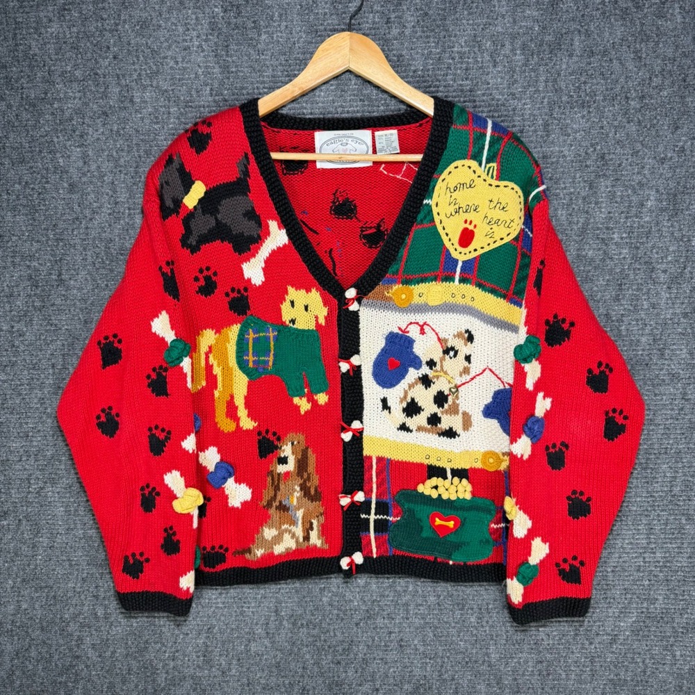 Vintage 1996 Eagle's Eye Dog Theme Cardigan Sweater XL Red Novelty Knit 90s